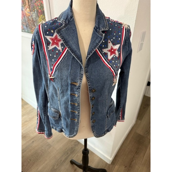 St. John's Bay Jackets & Blazers - St John’s Bay Upcycled Jean Jacket Americana Festive Red White Blue SZ Medium